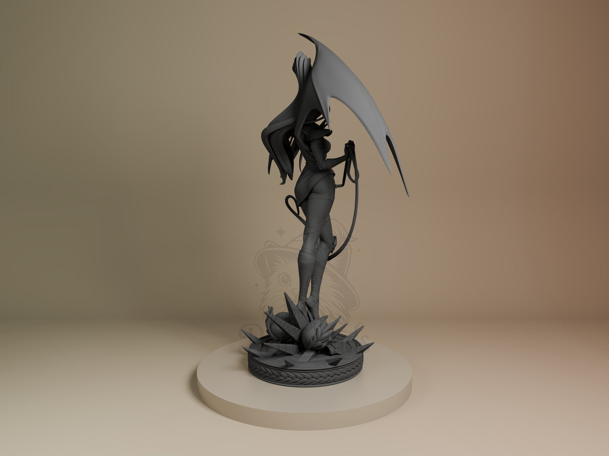 Megaera resin figure from Hades shown from behind, displaying her wings and whip, standing on a detailed base with unpainted gray finish.