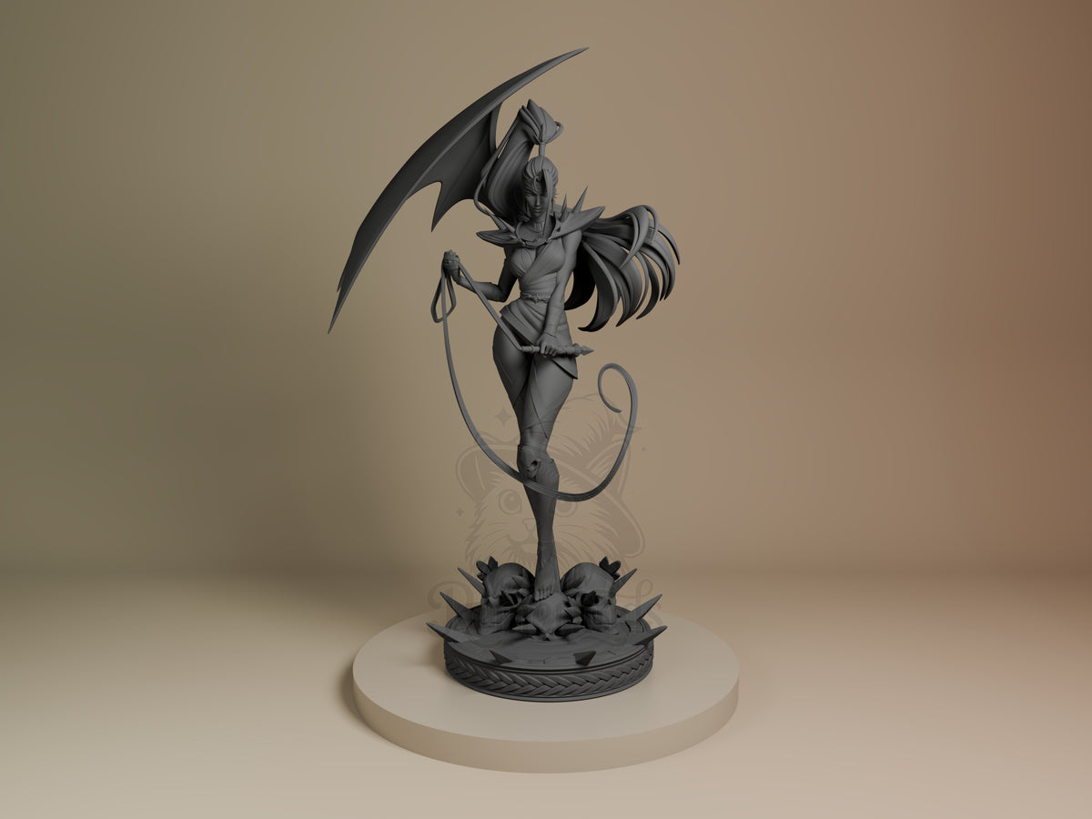 Megaera resin figure from Hades displayed front-facing on circular base, showing unpainted gray details of wings, whip, and demon form in dynamic pose.