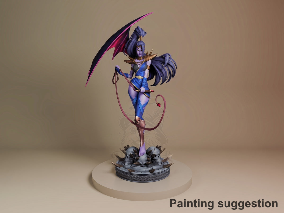 Megaera from Hades resin figure painted in blue and purple, wielding a scythe, standing on a spiked base against neutral background.