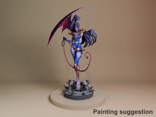 Megaera from Hades resin figure painted in blue and purple, wielding a scythe, standing on a spiked base against neutral background.