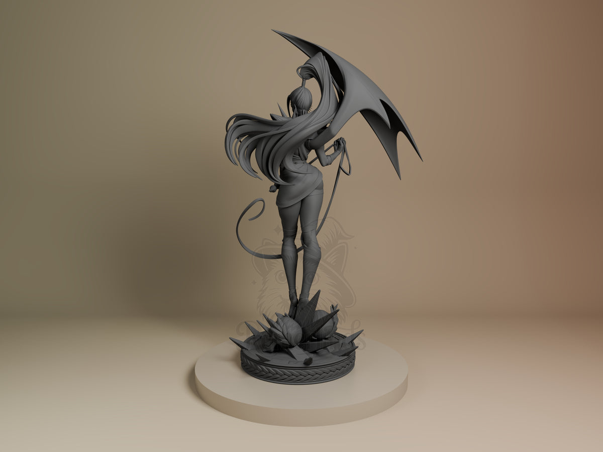 Megaera resin figure from Hades shown at left angle, standing posed on spiked base with whip and wings, unpainted gray prototype.
