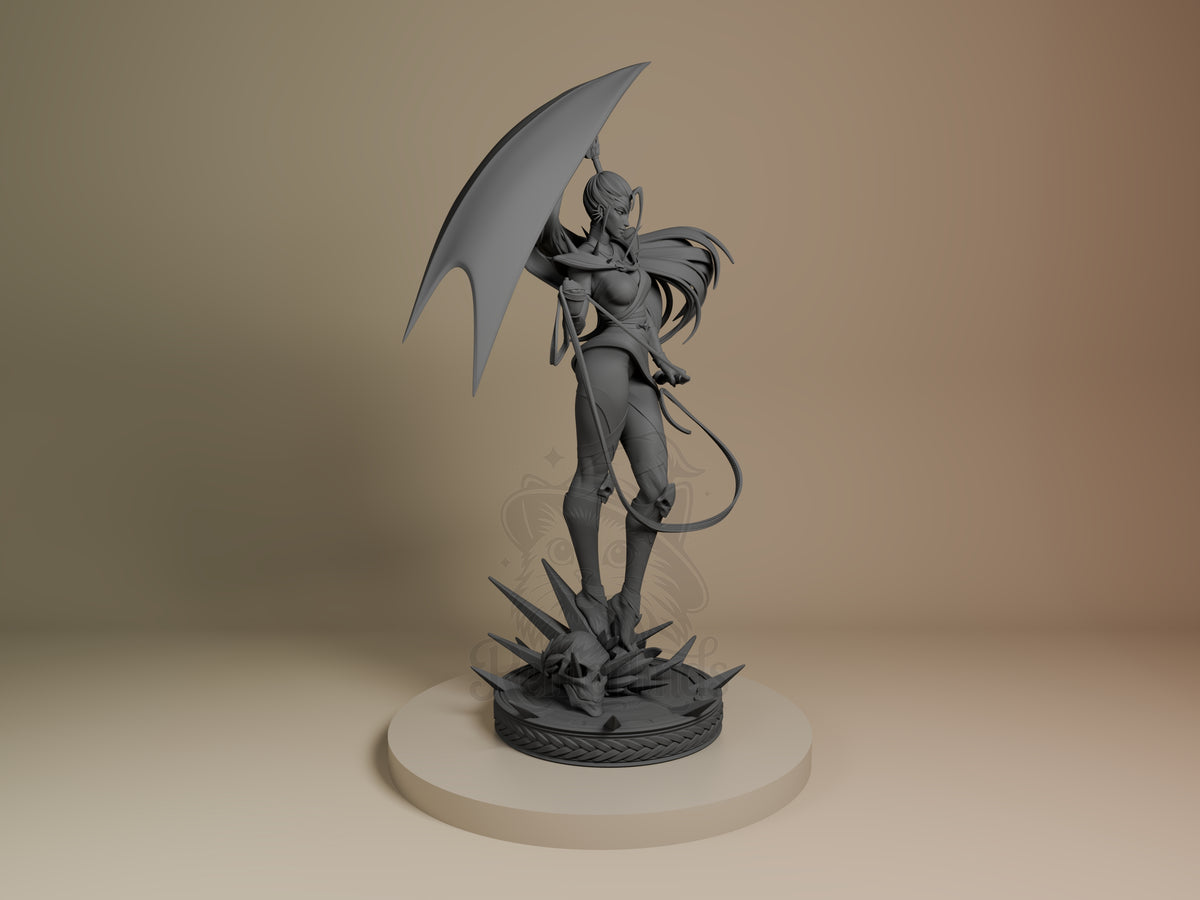 Megaera resin figure from Hades shown in right profile, unpainted gray, wielding curved scythe with whip, standing on spiked base.