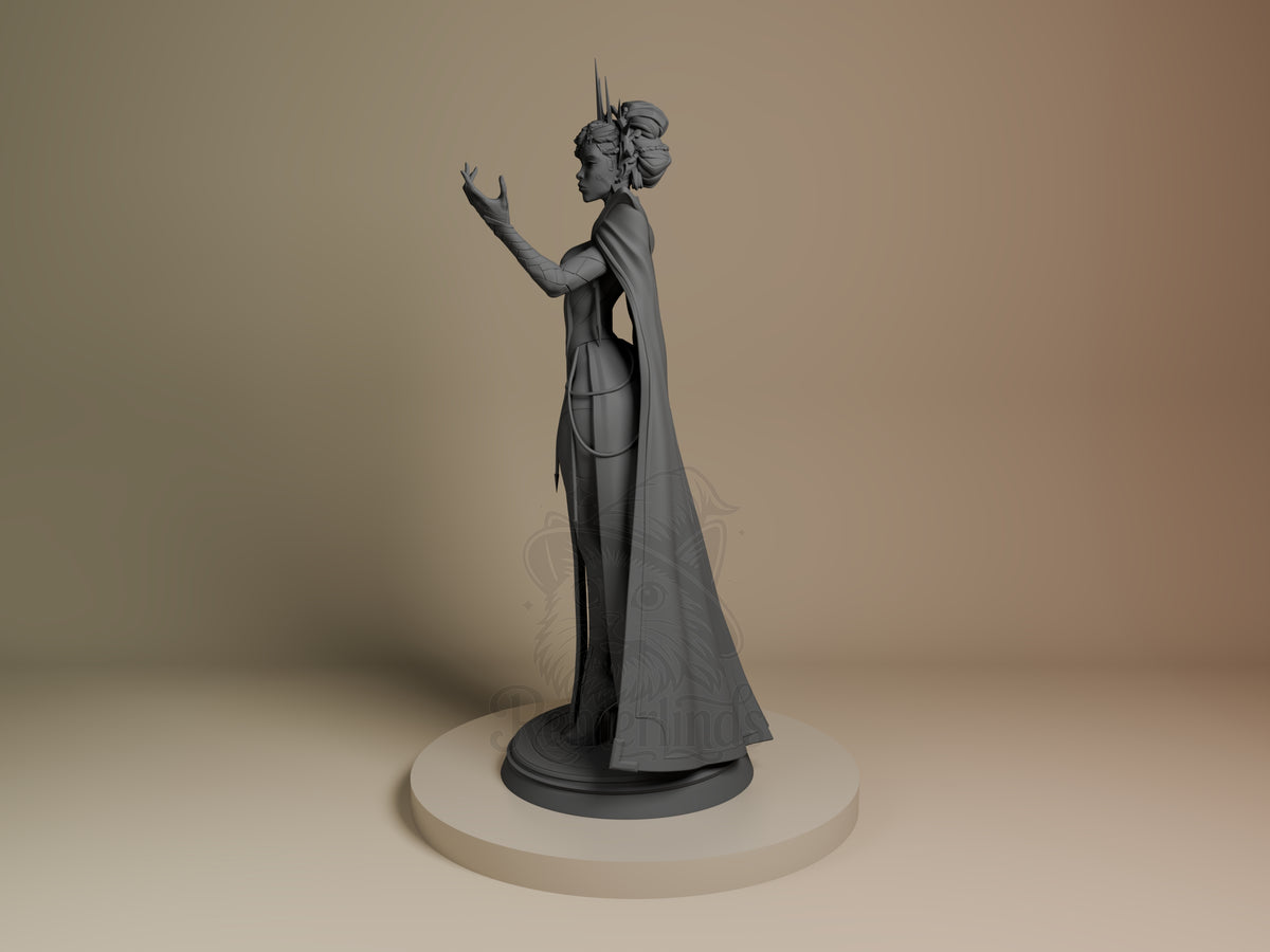 Mel from Arcane 3D printed resin figure shown from side angle, unpainted gray, standing pose with raised hand and flowing cape on circular base.