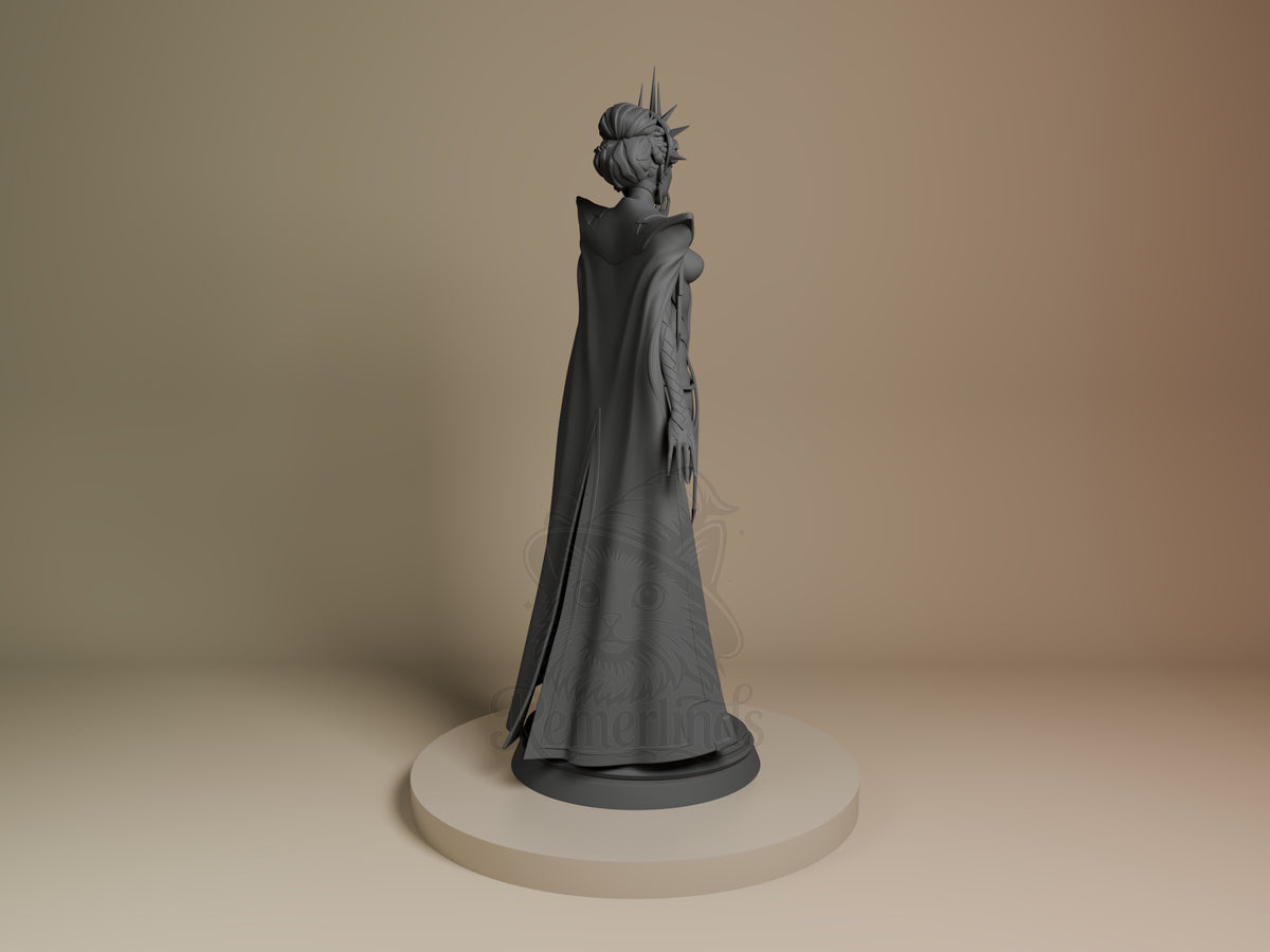 Mel from Arcane resin figure shown from back, displaying flowing cape and spiked crown, unpainted gray on white base.