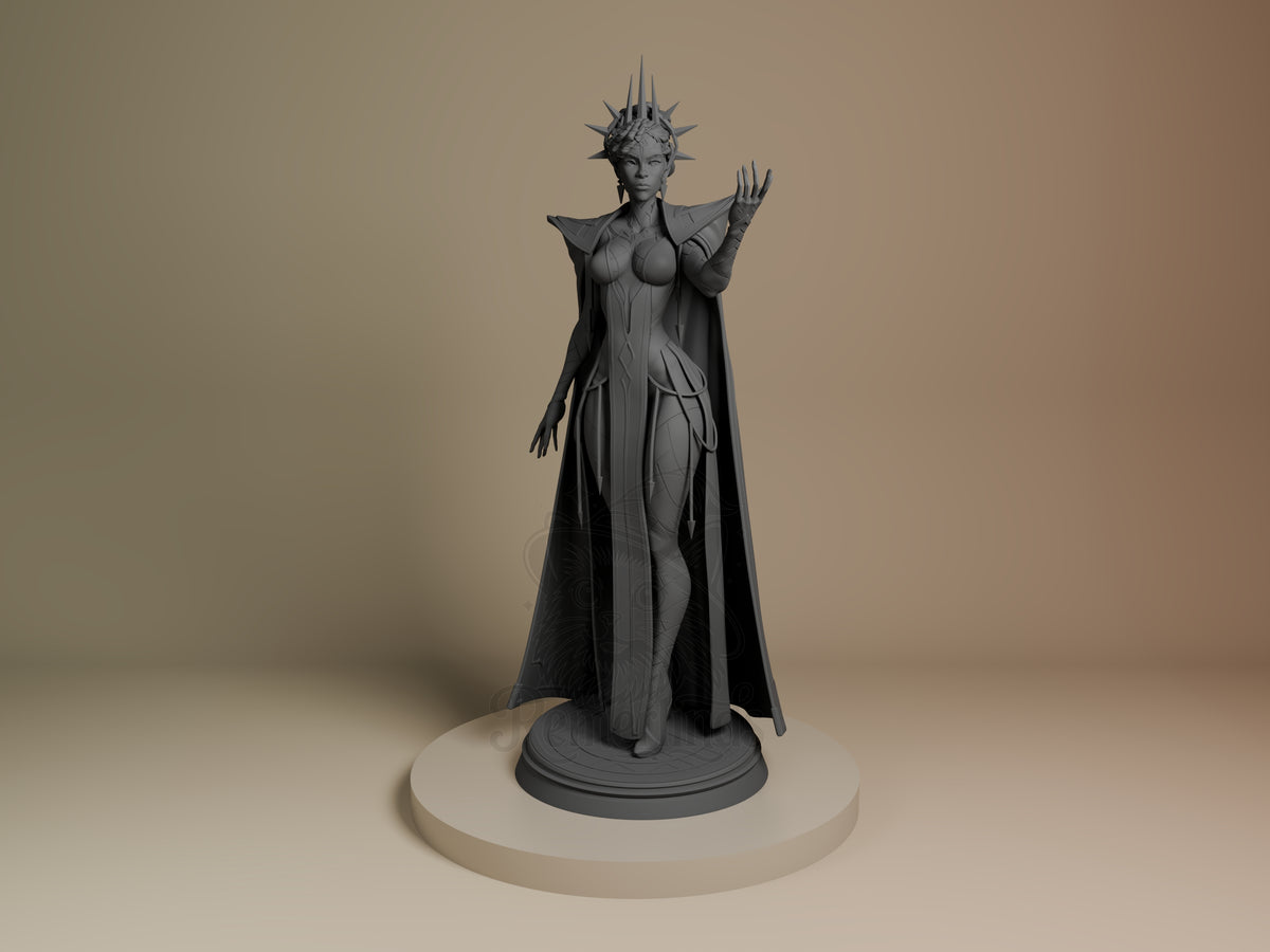 Mel from Arcane resin figure shown front-facing on white base, unpainted gray, wearing ornate crown and flowing cape with arms raised.