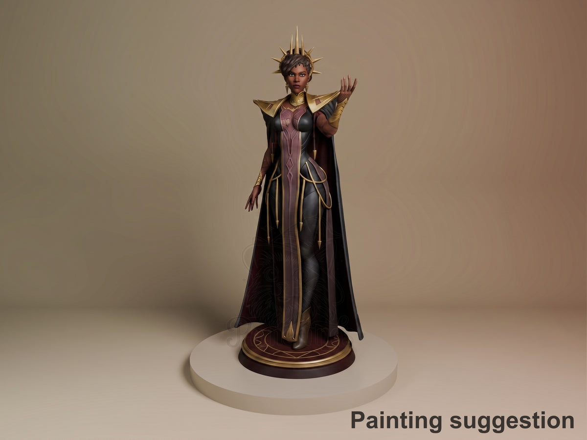 Mel from Arcane 3D printed resin figure standing on circular base, painted in gold and burgundy robes with spiked crown, one hand raised, full front view.