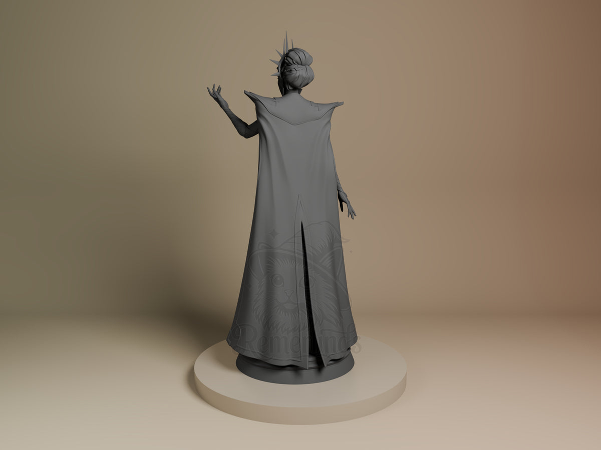 Mel from Arcane resin figure shown from behind, standing on round base, wearing flowing cape with raised left hand, unpainted gray finish.