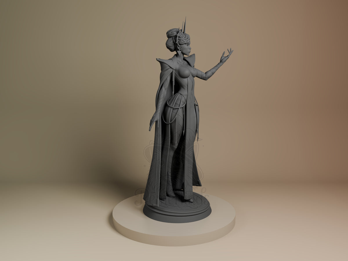 Mel from Arcane resin figure shown from right side angle, unpainted gray, standing with arm raised, ornate dress and headpiece, on circular base.