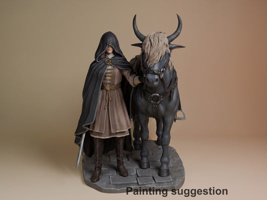 Melina resin figure from Elden Ring standing beside a black horned beast on a stone base, painted in earth tones and black with gold accents.