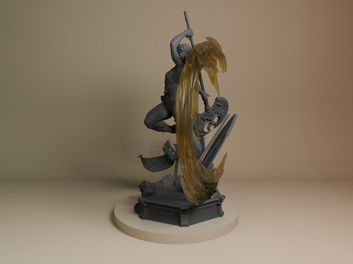 Angled, unpainted Moonlit Wraith from Hades resin figure shows a raised sword, amber effect, and ornate base.