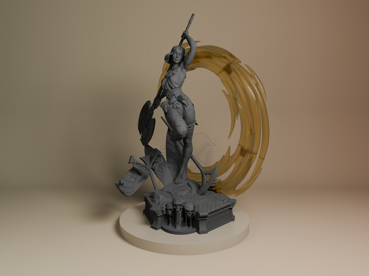 Front view of Moonlit Wraith from Hades, an unpainted resin figure with sword, shield, and sculpted base.