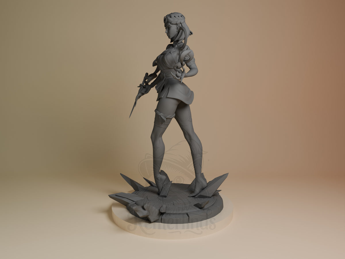 Melinoe resin figure from Hades shown in profile angle, unpainted gray, wielding sword with dynamic pose on spiky base.