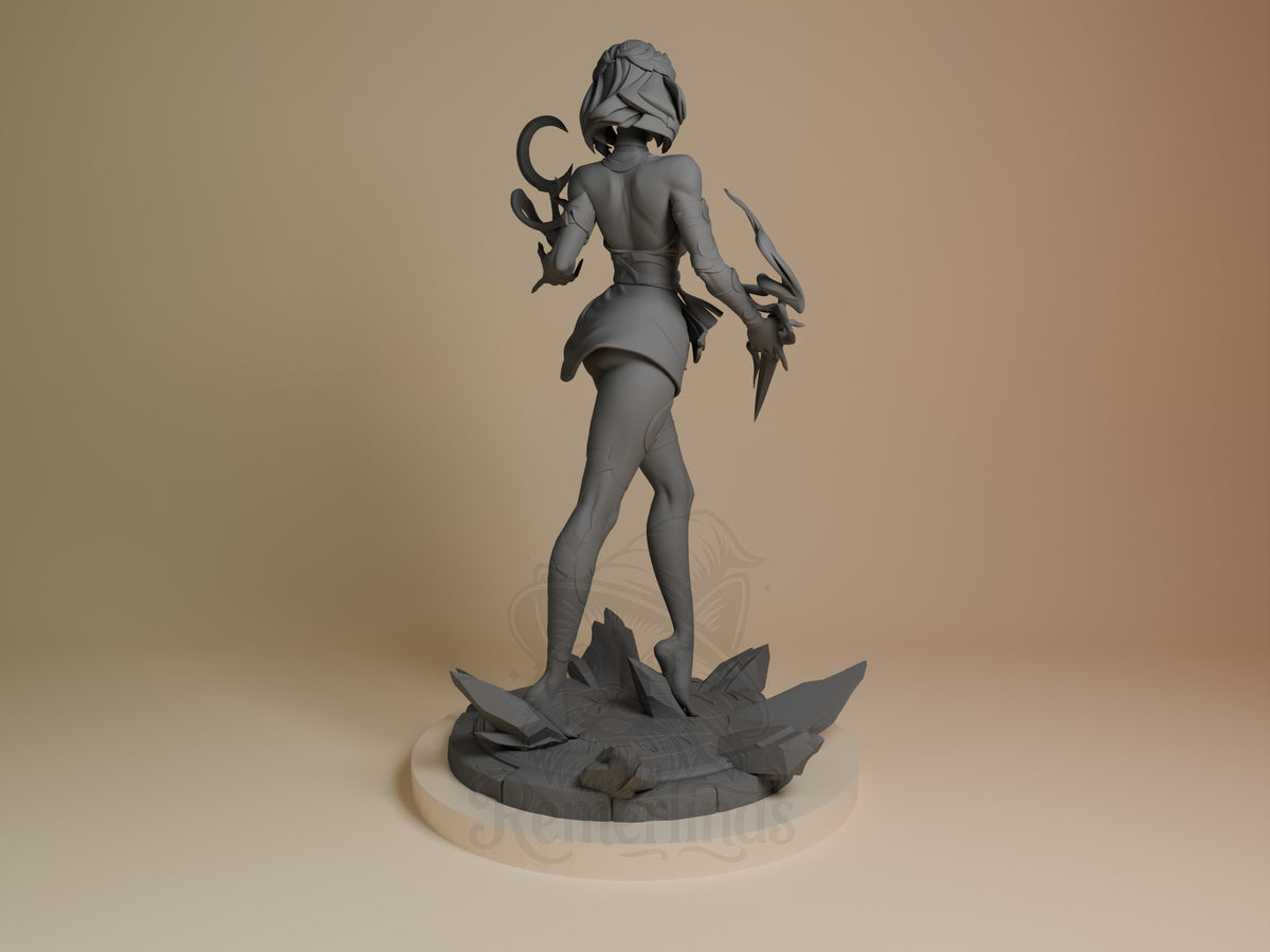Melinoe resin figure from Hades shown from behind, standing on spiked base, holding scythe and crescent weapon, unpainted gray finish.