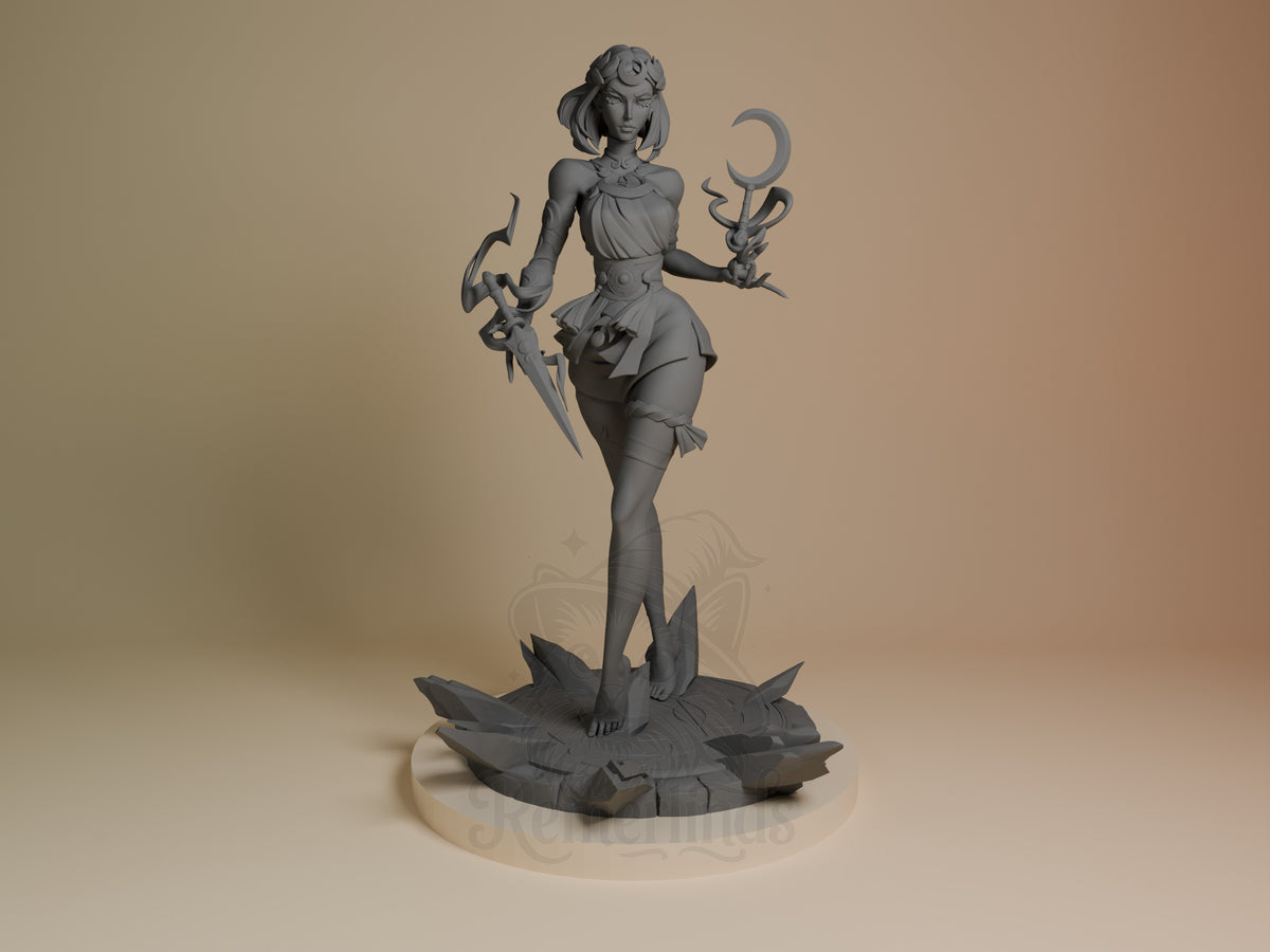 Melinoe from Hades resin figure shown front-facing in dynamic pose, holding dual weapons, standing on rocky base with unpainted gray finish.