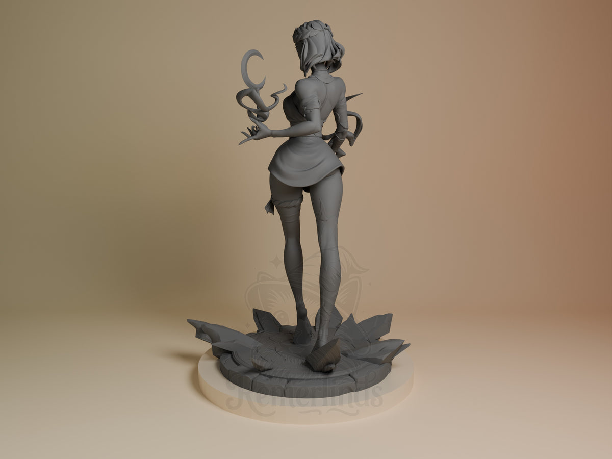 Melinoe resin figure from Hades shown from rear left angle, unpainted gray, holding dual weapons with flowing hair, standing on ornate lotus base.