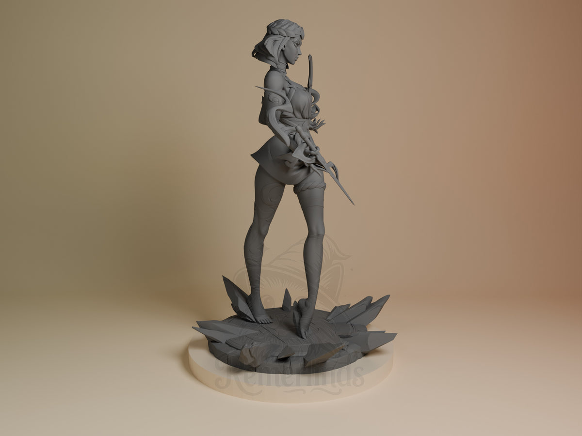 Melinoe resin figure from Hades shown in right profile, unpainted grey, wielding sword and shield on spiky base, barefoot athletic pose.