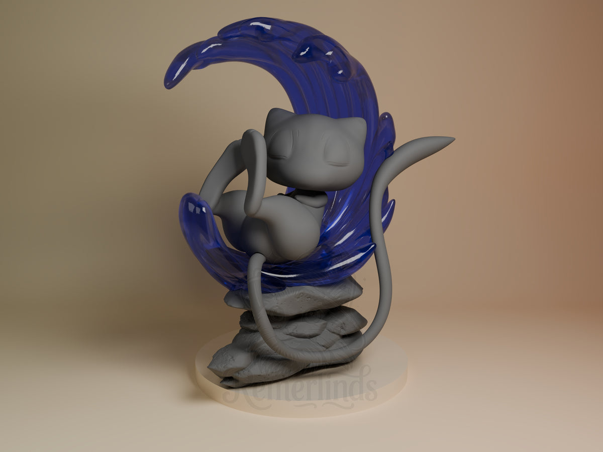 Front view of Mew from Pokémon, a partly painted resin figure with a long tail on a sculpted rock base.