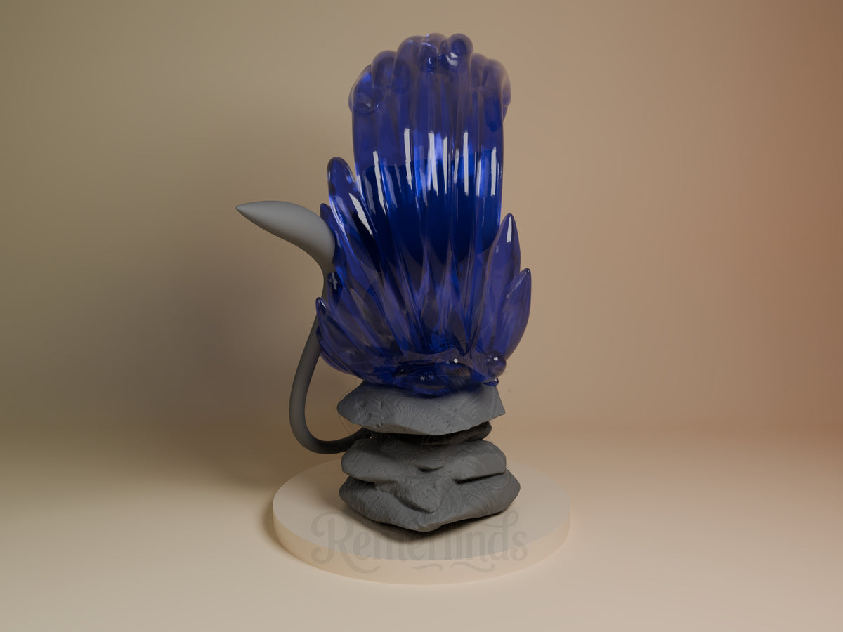 Left rear view shows Mew from Pokémon, a blue-painted resin figure with tail on an unpainted sculpted base.