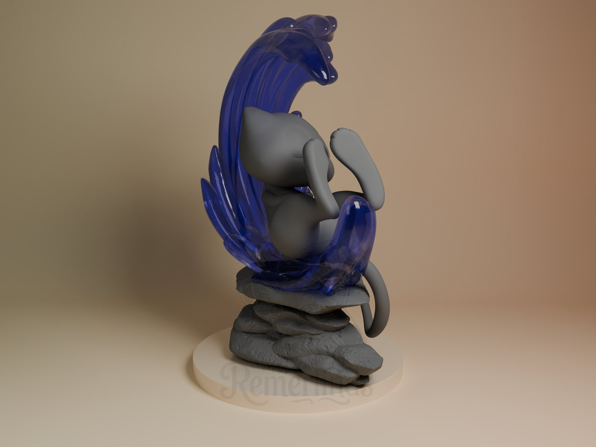 Mew from Pokémon resin figure shown from the rear, seated with raised legs on a sculpted base; gray and blue parts are unco.