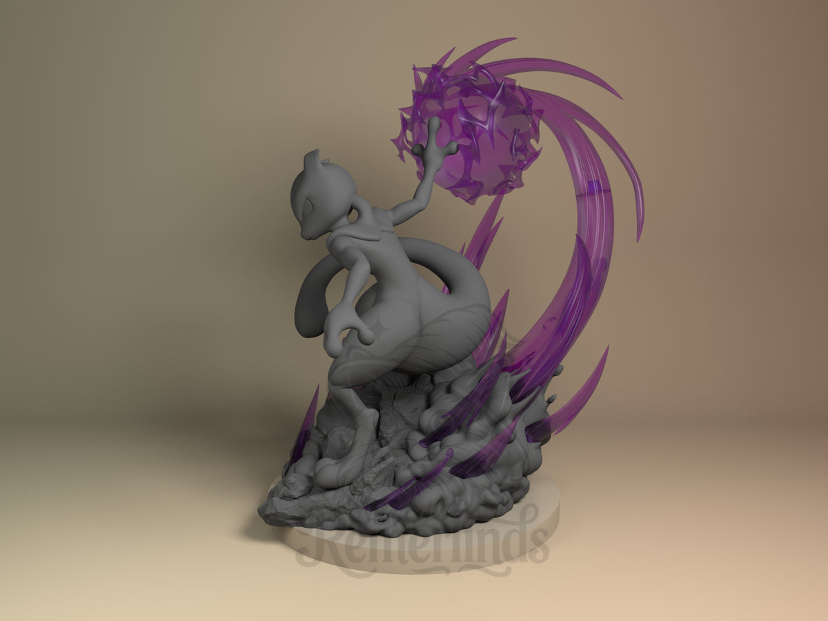 MewTwo Pocket Specters 3D printed resin figure by Nomnom, angled view showing dimensional details.