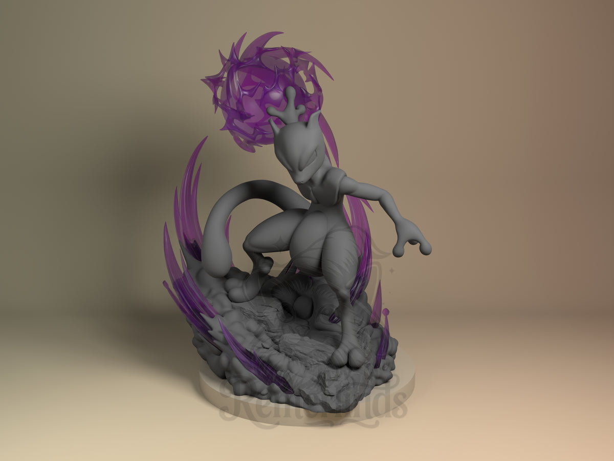 MewTwo Pocket Specters 3D printed resin figure by Nomnom, unpainted front view. The miniature figure depicts MewTwo poised in a crouching, aggressive stance, emphasizing its psychic powers with a striking purple energy orb floating above one hand and surrounding energy effects. The figure is detailed with muscular anatomy and a dynamic tail position, all grounded on a textured rocky base. The overall composition conveys a powerful, action-ready moment highlighting the character's psychic abilities.