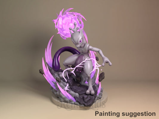 The painted MewTwo from Pokémon is a resin figure crouching on a sculpted rocky base with tail and energy effects.
