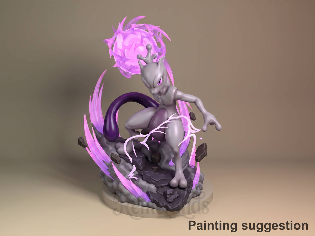 MewTwo Pocket Specters 3D printed resin figure by Nomnom, colored view.