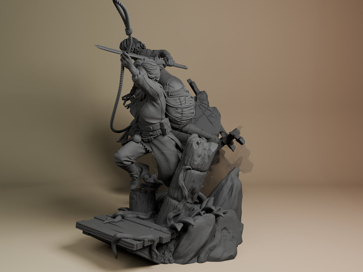 Angled view shows unpainted Mio and Zoe from Split Fiction in a resin diorama on a sculpted rocky base.