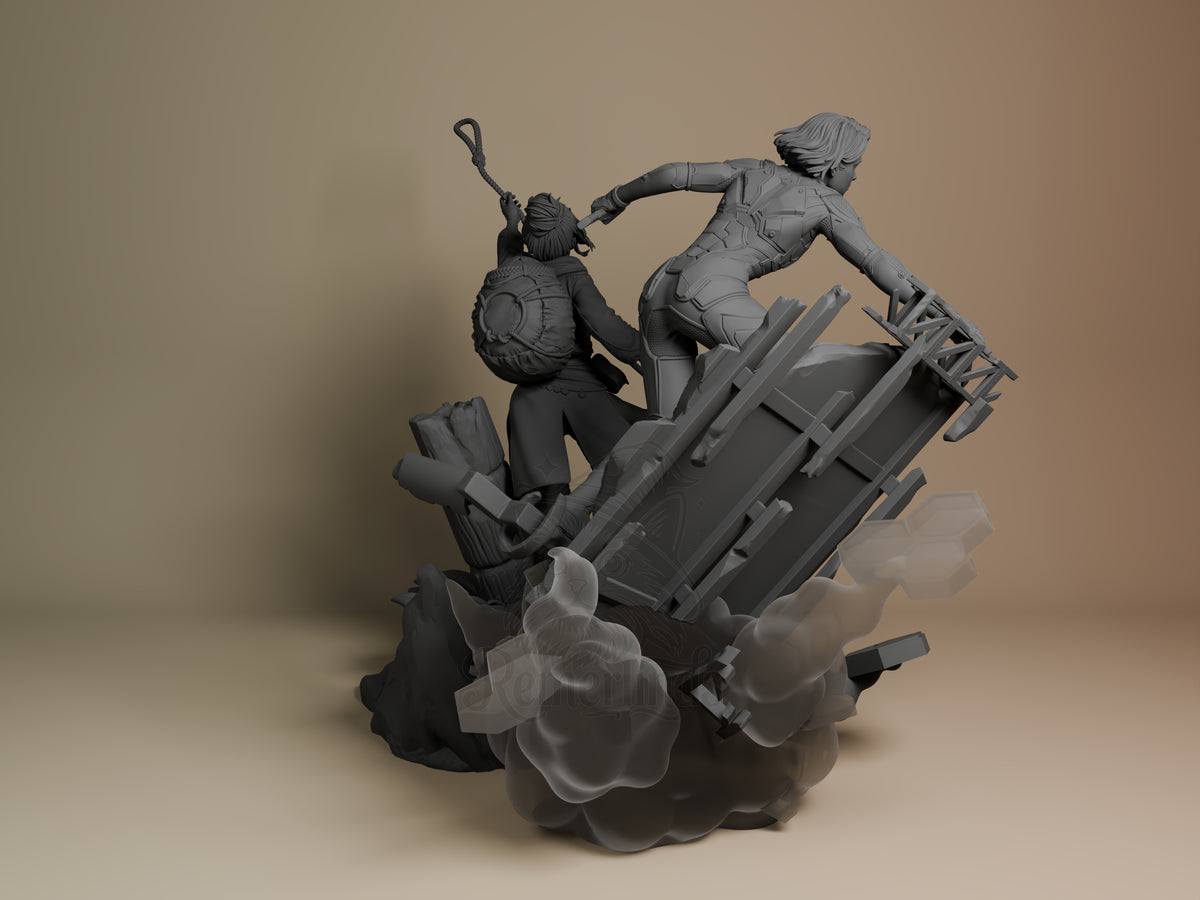 Unpainted back view of Mio and Zoe from Split Fiction in a resin diorama on a sculpted base.