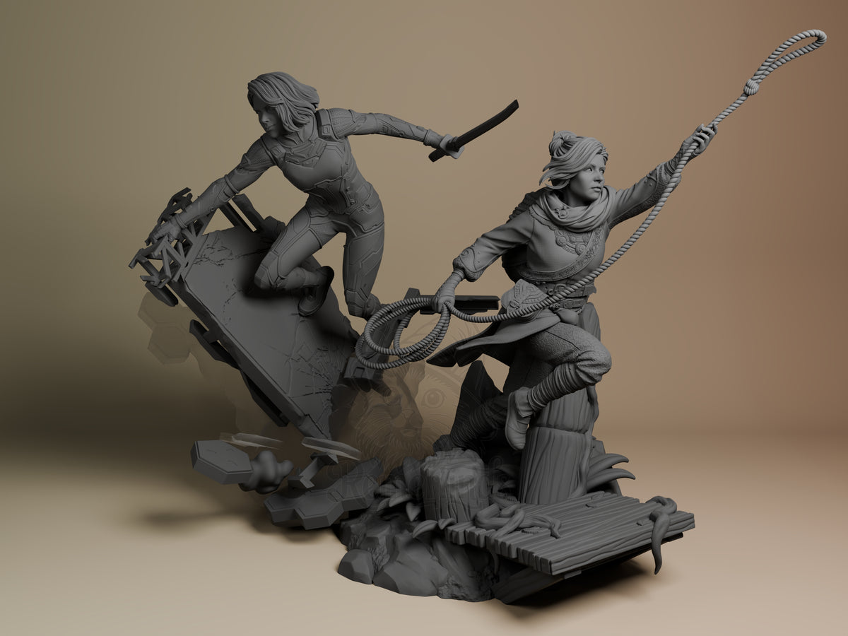 Front view of unpainted Mio and Zoe from Split Fiction in a resin diorama with sculpted base.