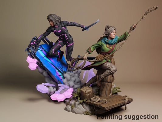 Mio and Zoe from Split Fiction painted resin diorama, dynamic poses on wooden base with pink crystal elements and rope details.