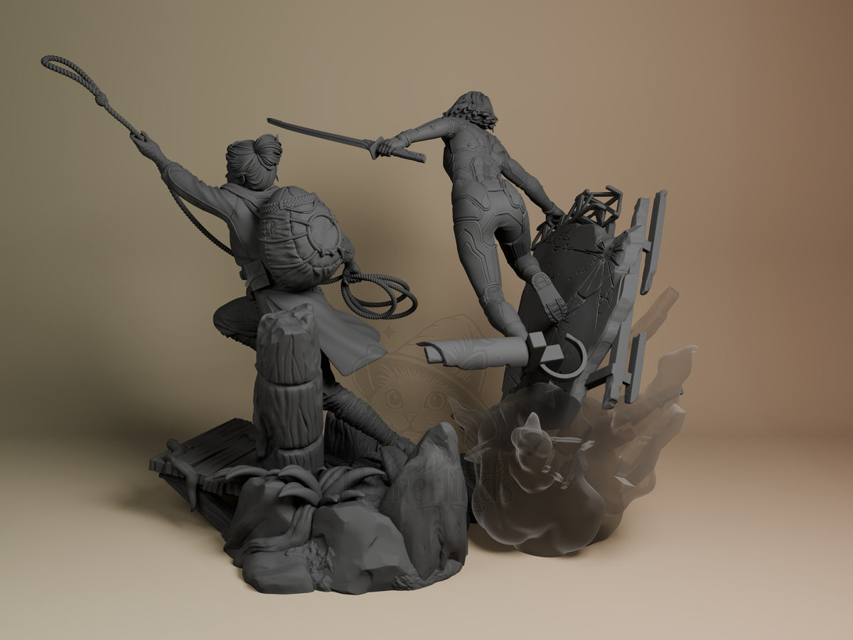 Unpainted resin diorama of Mio and Zoe from Split Fiction, viewed from the left, on a rocky base.