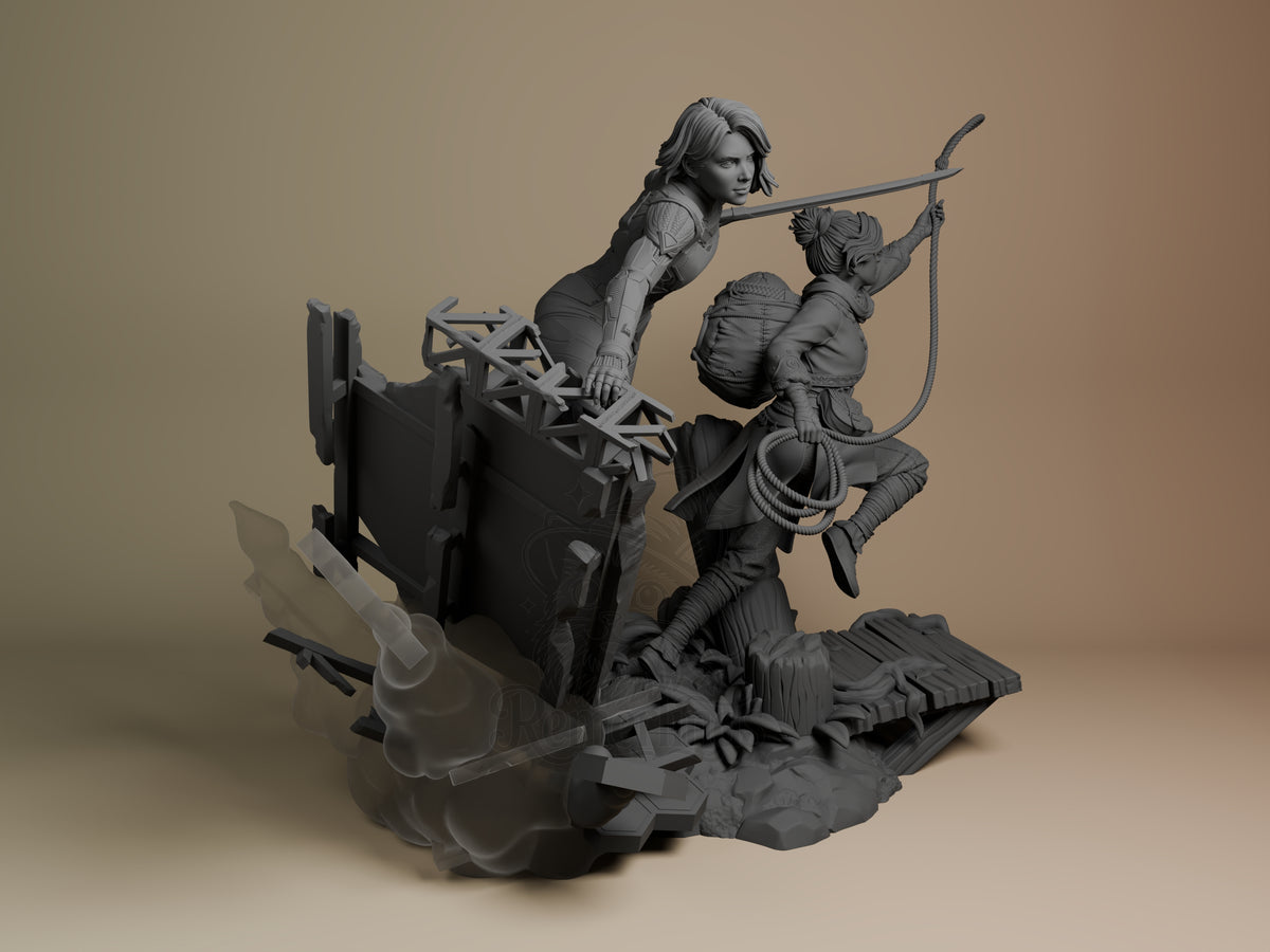 Right-angle view shows unpainted Mio and Zoe from Split Fiction in a resin diorama, posed on a broken bridge with rope and a.