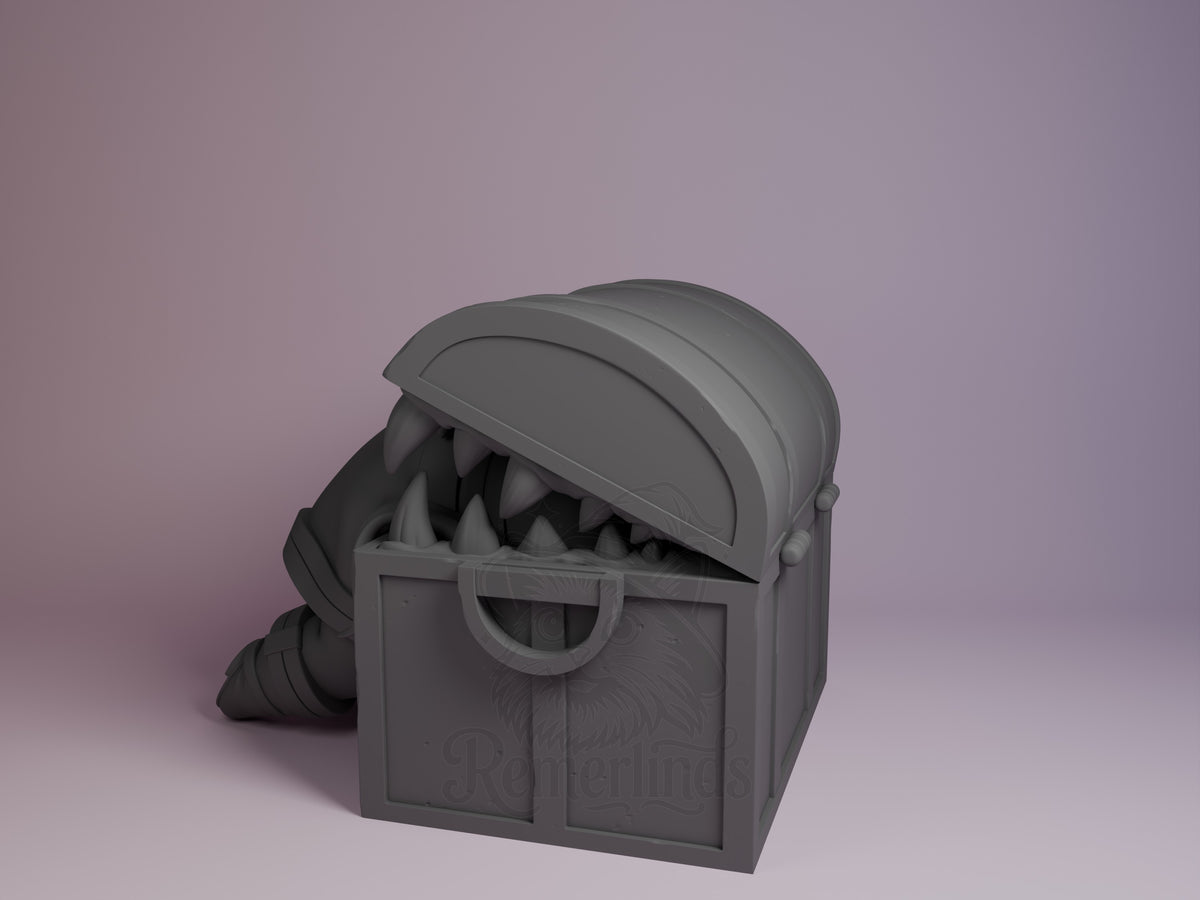 Gray resin Chibi figure of Mimic Chest from Frieren: Beyond Journey's End, shown at angle with lid open revealing sharp teeth, unpainted monochrome finish.
