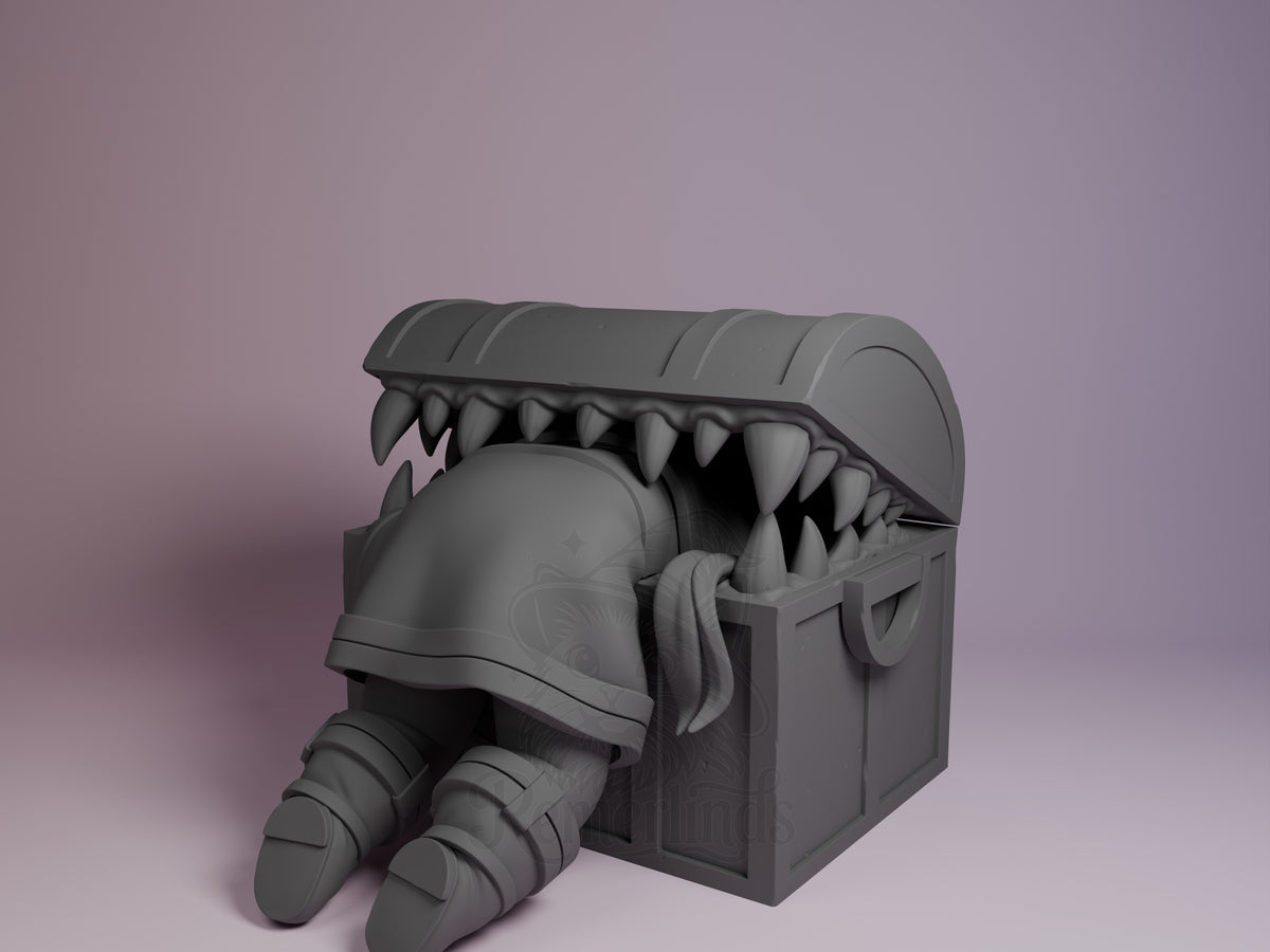 Gray resin Chibi figure of Mimic Chest from Frieren: Beyond Journey's End, front view showing gaping mouth with teeth, stubby legs, unpainted finish against purple background.