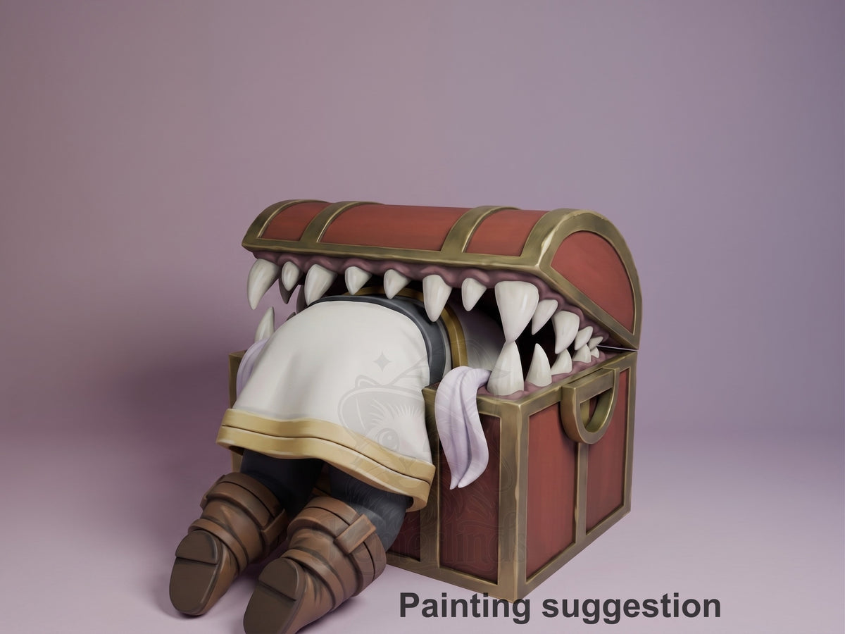 Mimic Chest resin Chibi figure from Frieren: Beyond Journey's End, painted with red-brown wood texture, gold trim, sharp teeth, white tongue, and brown boots visible below.