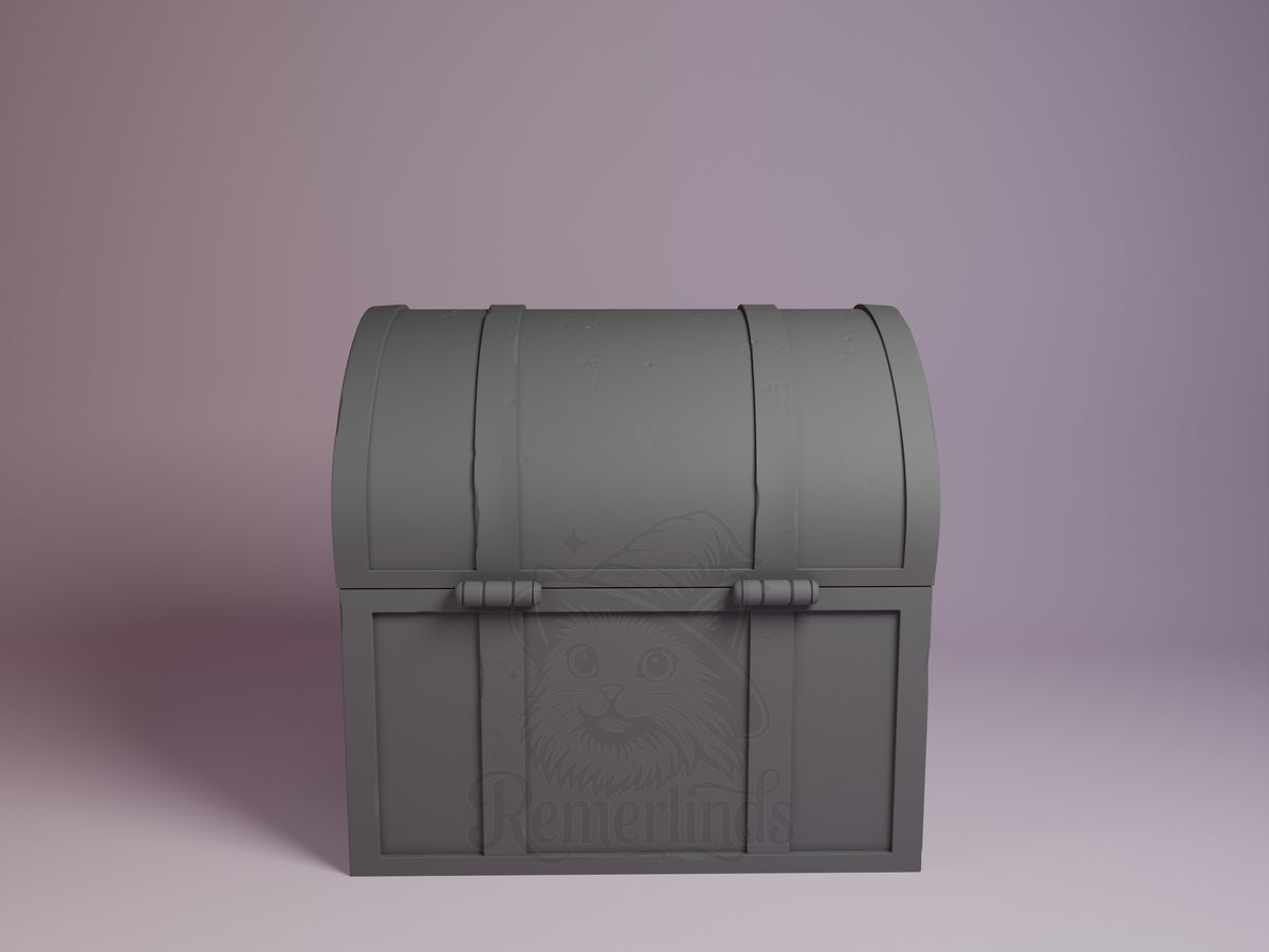 Closed Mimic Chest resin Chibi figure from Frieren: Beyond Journey's End, unpainted gray, viewed from front-left angle against pink background.