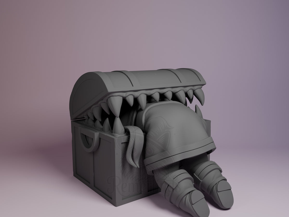 Mimic Chest resin Chibi figure from Frieren: Beyond Journey's End, shown from right angle with legs extended, unpainted gray resin detail.