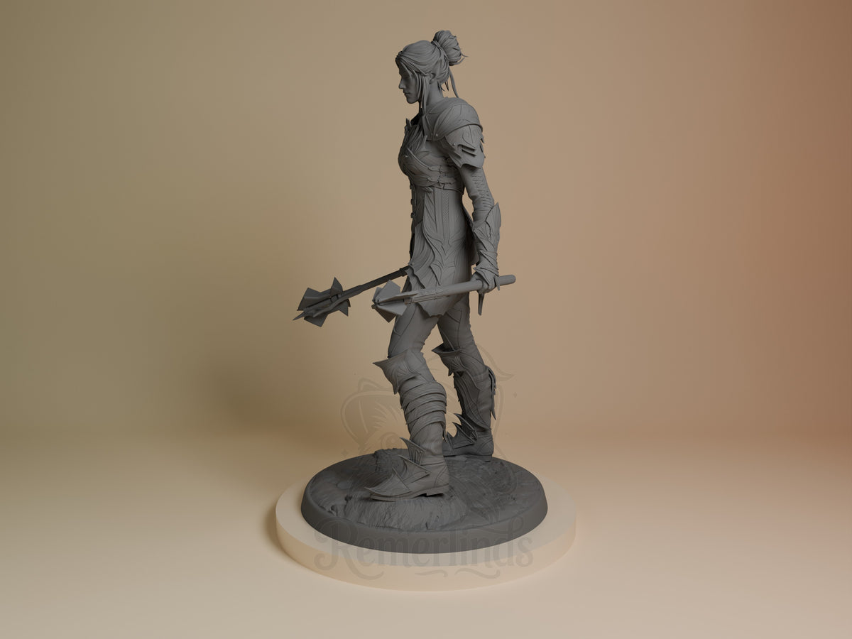 Minthara resin figure from Baldur's Gate in side profile, unpainted gray, holding staff, detailed armor and hair, on textured circular base.