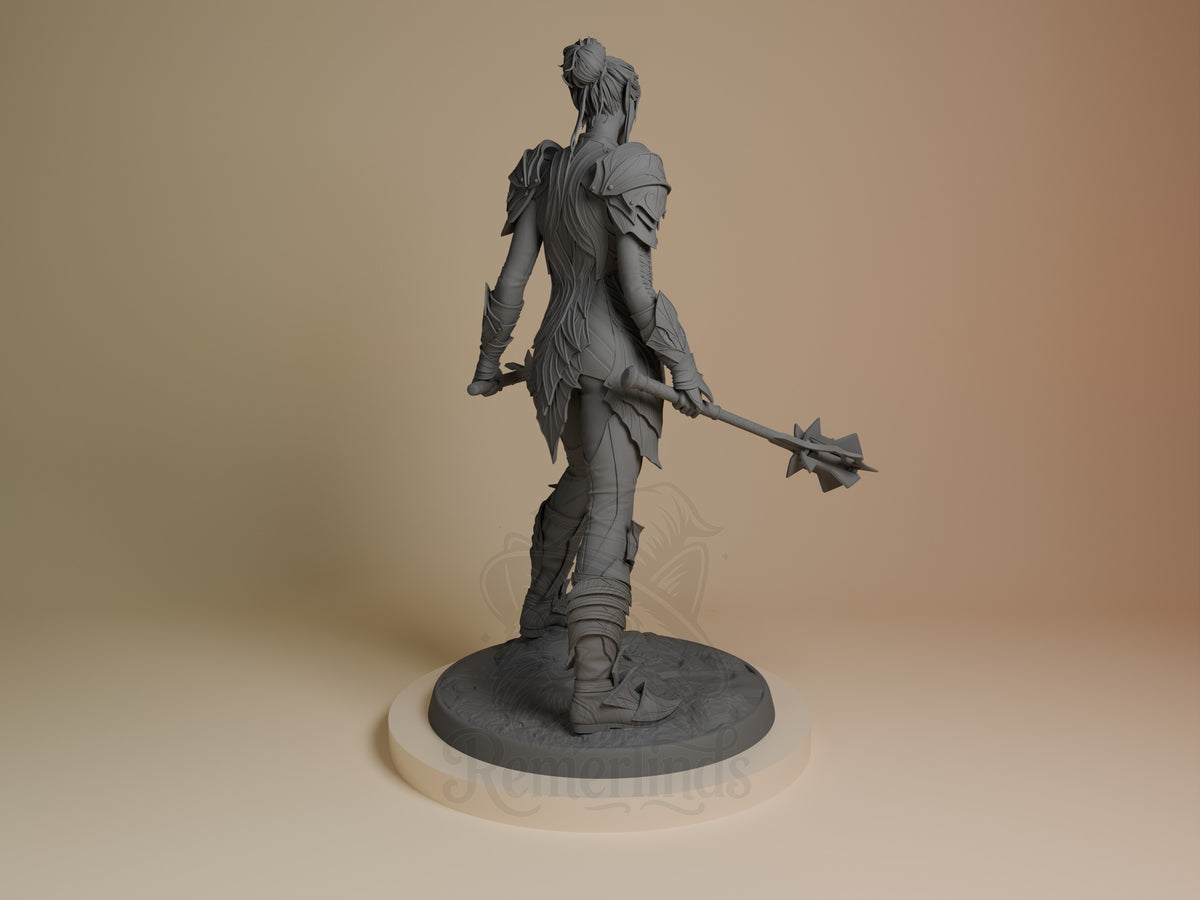 Minthara resin figure from Baldur's Gate shown from behind, unpainted gray, wielding spear with detailed armor and wings on dark base.