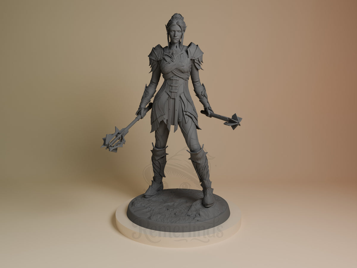 Minthara from Baldur's Gate 3D printed resin figure shown from front, unpainted gray, holding dual maces, on textured base.