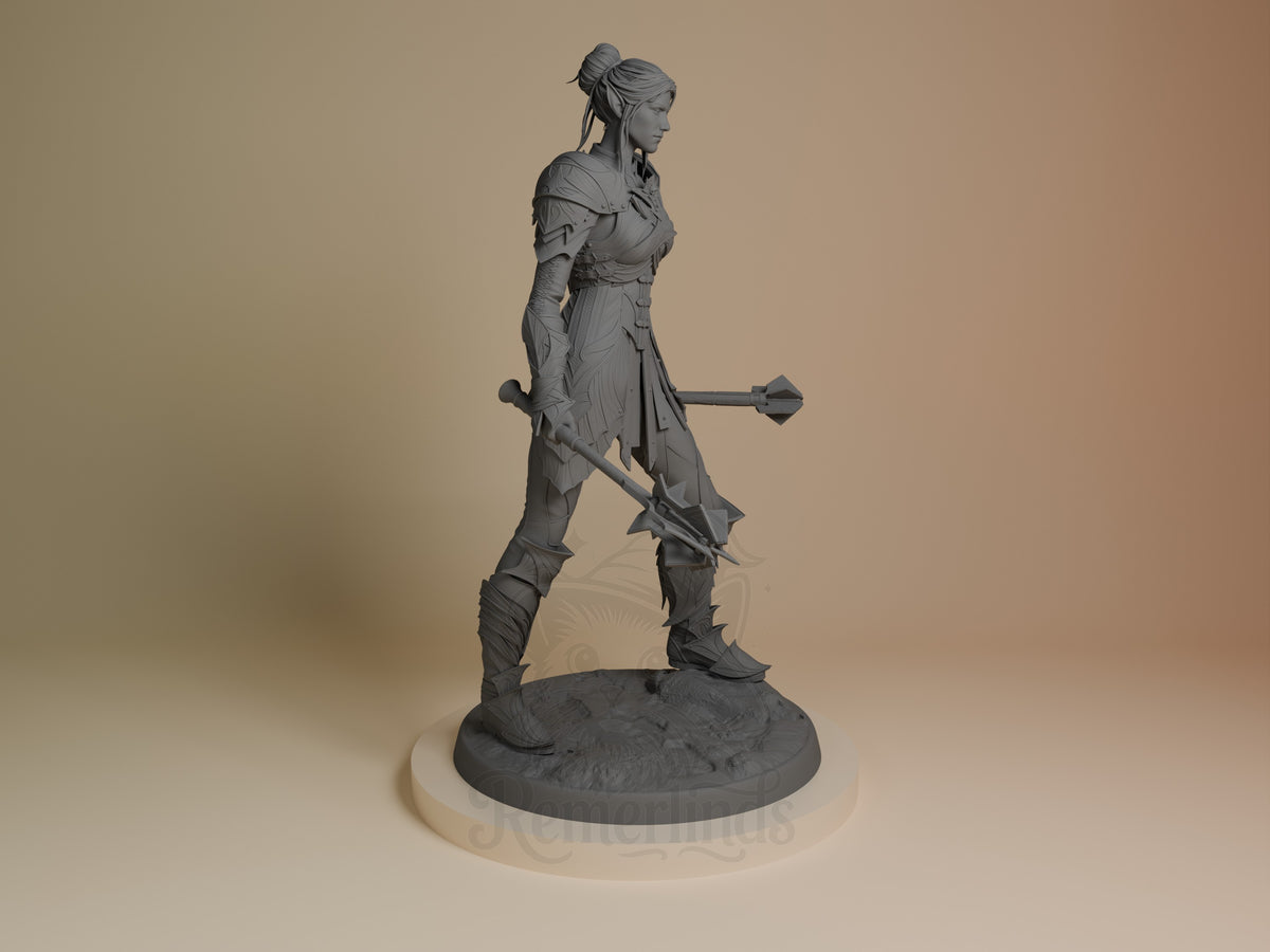 Minthara resin figure from Baldur's Gate, unpainted gray, shown in profile standing pose with spear and staff on dark textured base.