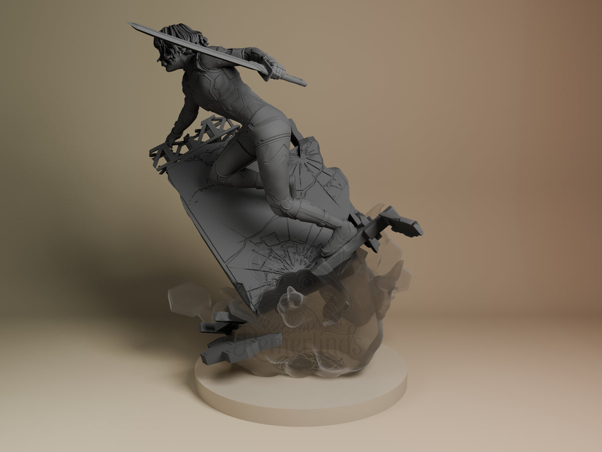 Mio from Split Fiction resin figure in dynamic pose wielding spear, mounted on base, unpainted gray prototype at angle view.