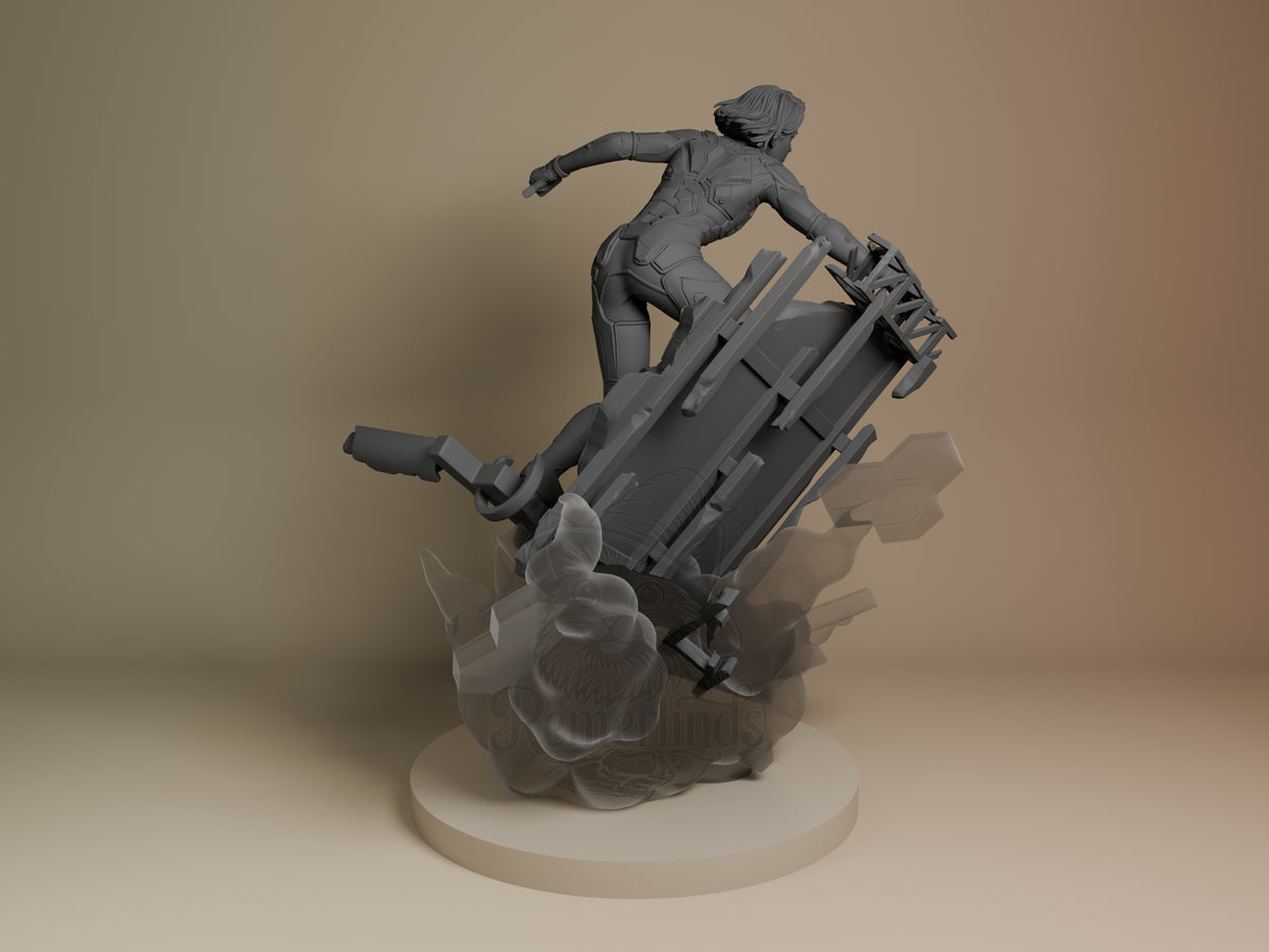 Mio from Split Fiction resin figure shown from back, mid-action pose balancing on large mechanical device, unpainted gray resin, white base.