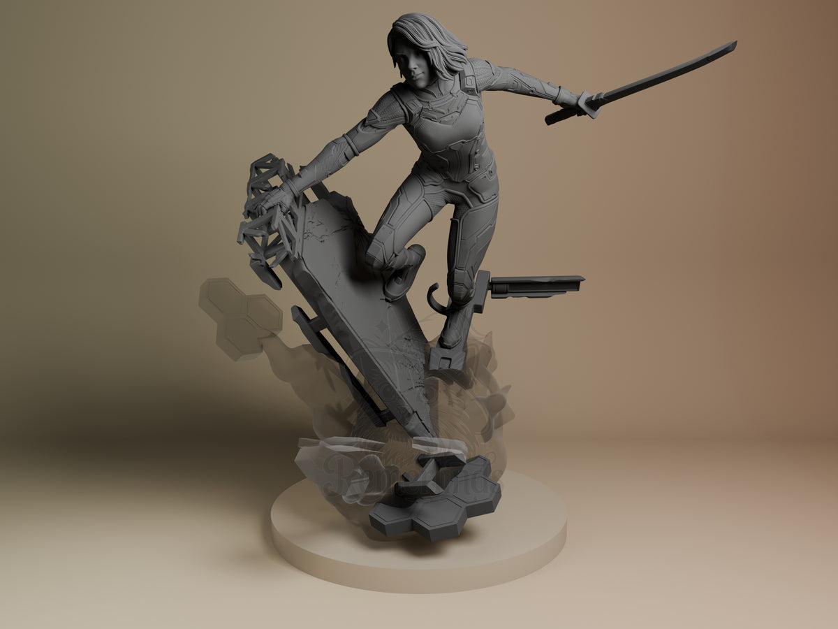 Mio from Split Fiction resin figure in dynamic pose on rocky base, wielding sword and gun, unpainted gray finish, front angle view.