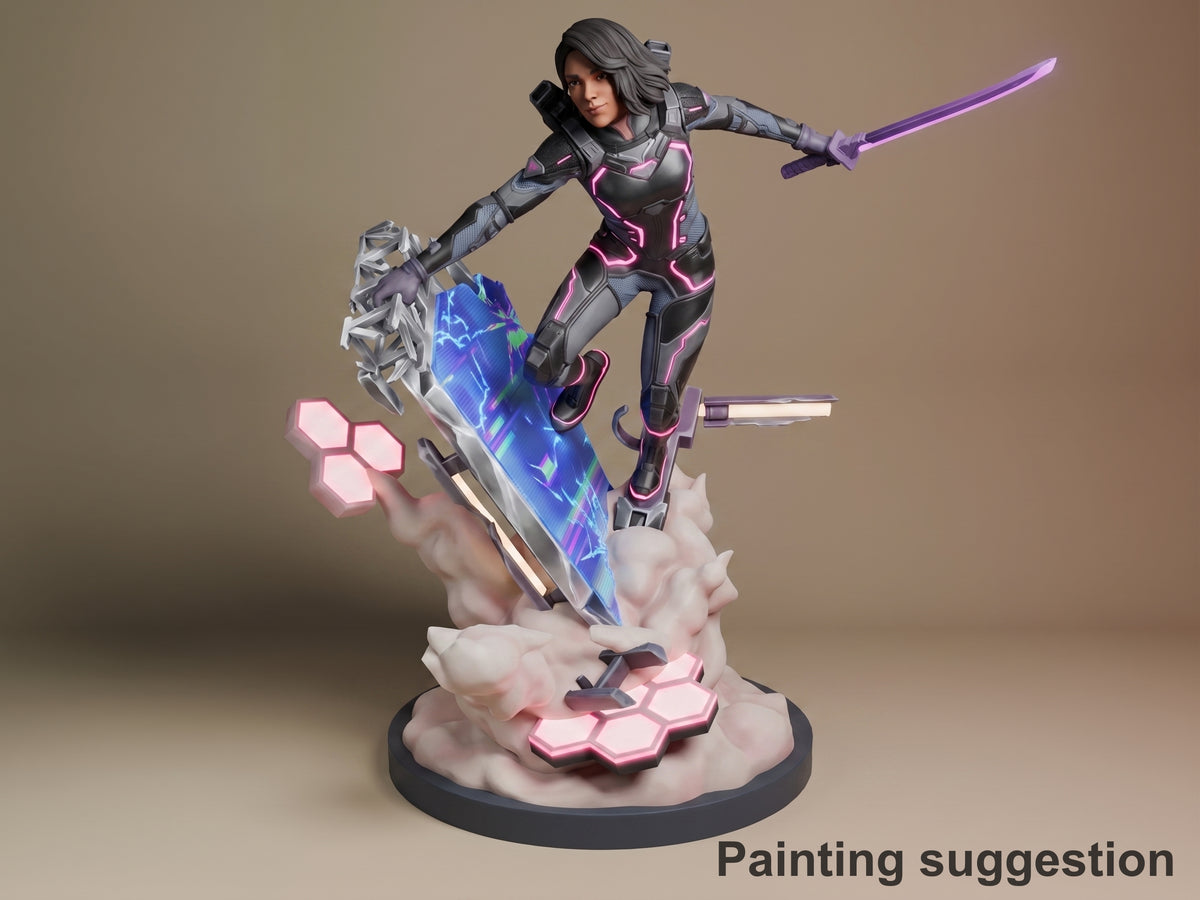 Mio from Split Fiction resin figure painted in black, pink and purple armor, wielding glowing sword and shield on a cloud base with pink hexagon accents.