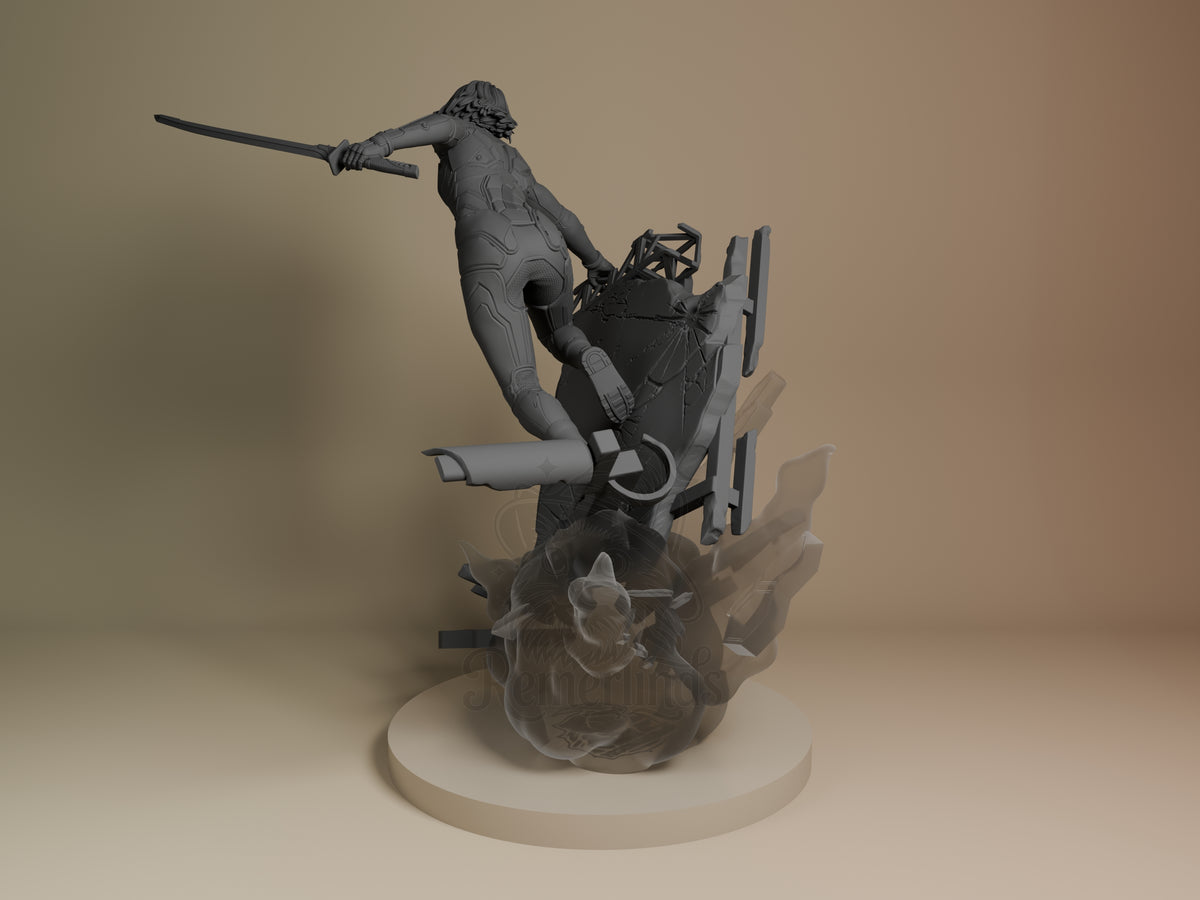 Mio from Split Fiction resin figure shown from left angle, dynamic action pose with sword raised, detailed armor and clothing sculpt, unpainted gray resin, round base.