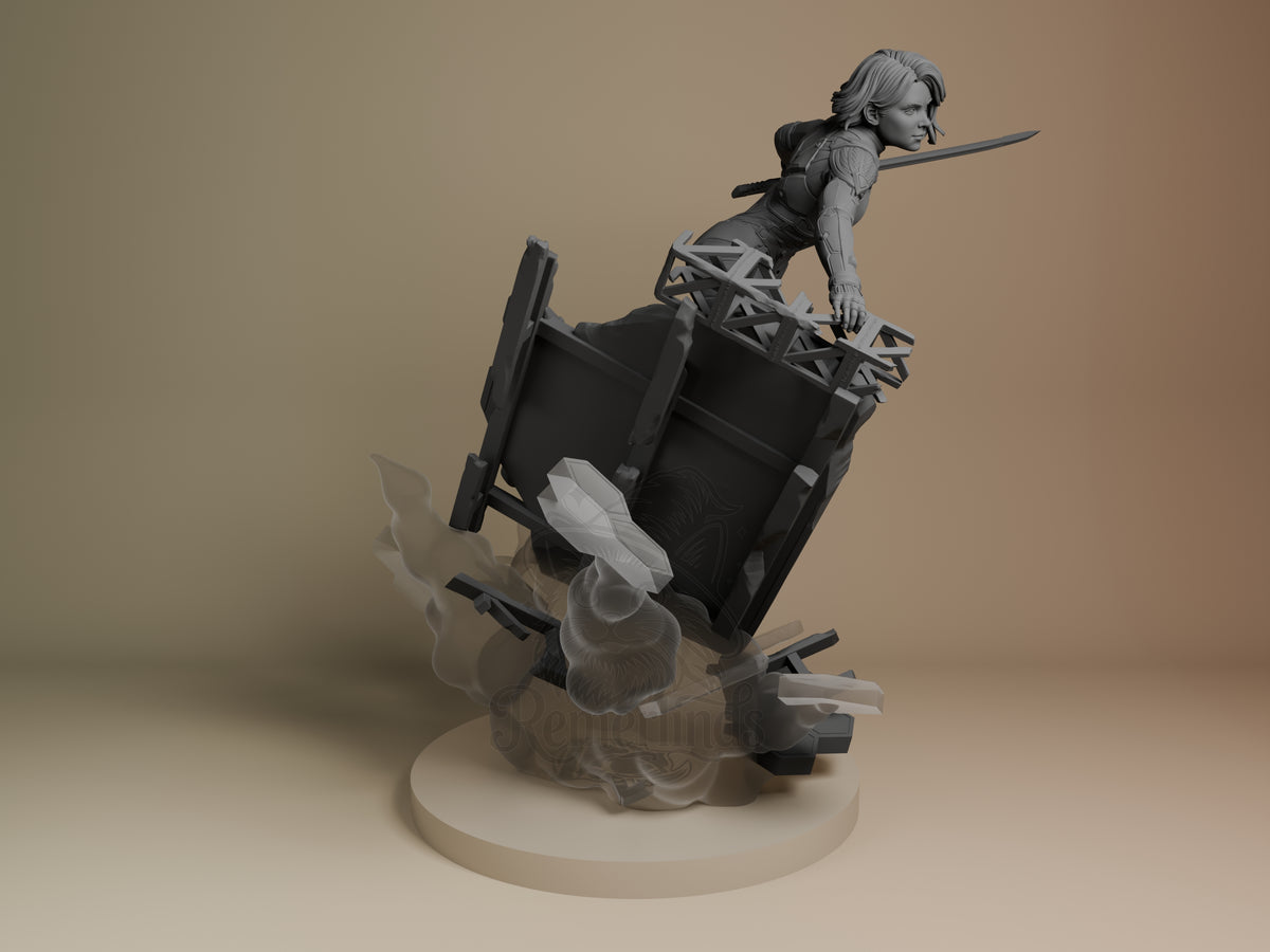 Mio from Split Fiction resin figure shown from right angle, posed wielding sword atop dynamic tilted platform base with ethereal effects.