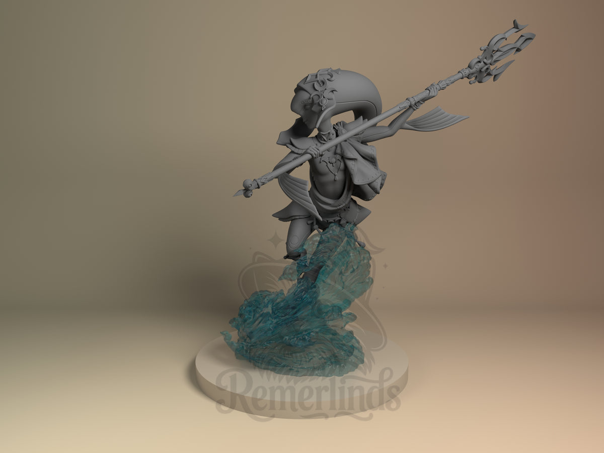 Myphe from Breathe the Wilderness is an unpainted resin figure in profile, holding a staff over a sculpted wave base.