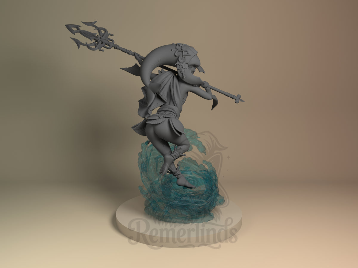 Myphe from Breathe the Wilderness is an unpainted resin figure leaping over a blue wave base.
